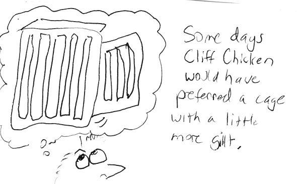 chicken with thought bubble thinking of gilt cage