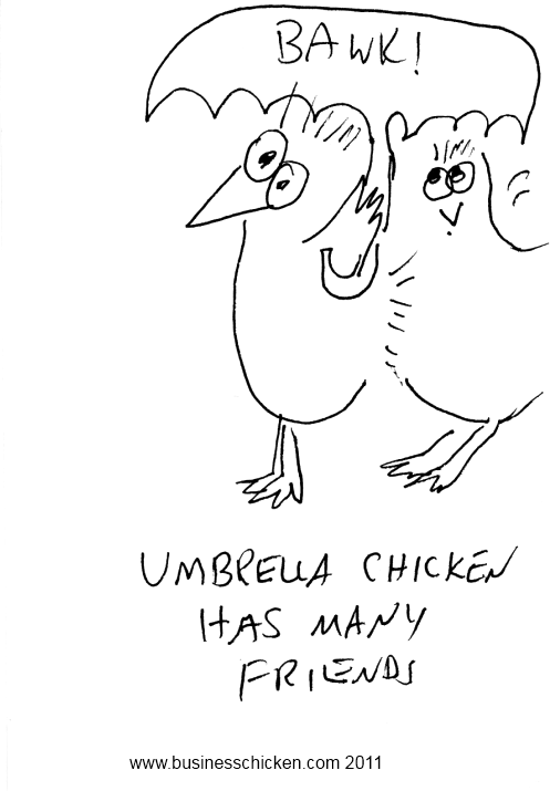two chickens under an umbrella